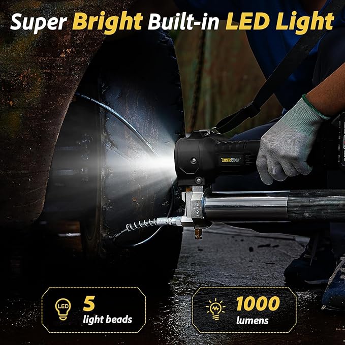 Electric Grease Gun, 10000 PSI Super Efficient Battery Powered Grease Gun Kit with 2 Batteries and Charger, 39.4" Flexible Hose, Cordless Grease Gun with Super Bright LED Light, Black