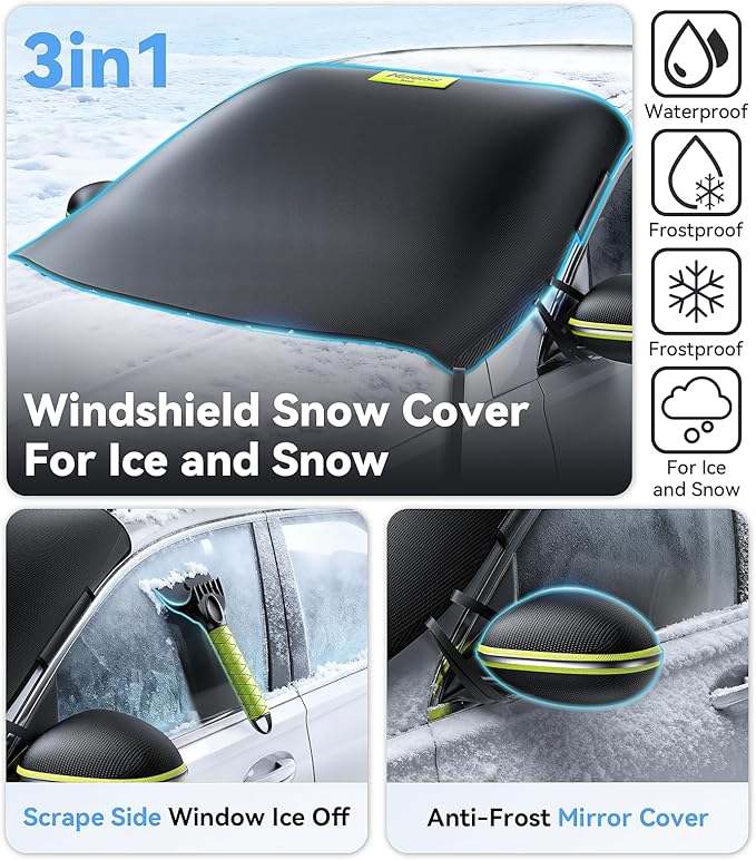 Nmoiss-3-in-1 Windshield Snow Cover for Ice & Snow Frost — 600D Heavy Cover & Ice Scraper Complete Winter Protection with 360° Windproof Design and Multi-Layer Winter Car Kit for Cars, Trucks, SUVs
