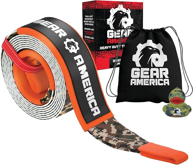 GearAmerica 3"x8' Heavy Duty Tree Saver Towing Sling - Winch Harness with 35,053 lbs Break Strength - Recovery Rope for Offroad, Weather Resistant + Triple Reinforced Loops (Camo)