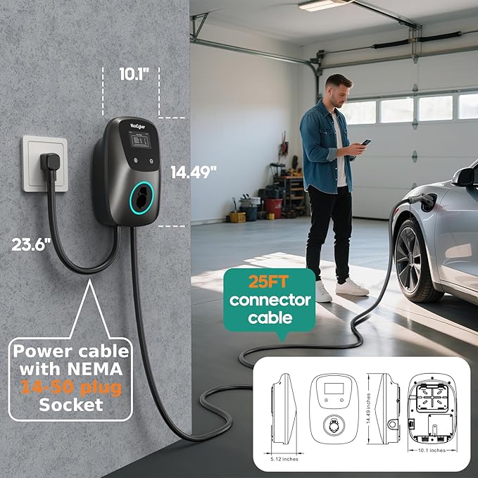 Level 2 EV Charger(WiFi APP/Plug-Play), 48Amp, 25ft Cable ETL Certified, 240V NEMA 14-50p Plug, Home Level 2 EVSE Car Charger w/ J1772 Connector, Electric Vehicle Charging Stations