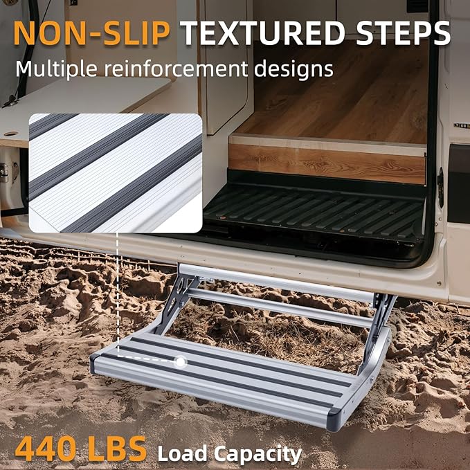 RV Steps, 1-Step, Manual Retractable RV Steps, 400 LBS Load Capacity, Foldable Aluminum Alloy Camper Steps, Thickened Steel Plate Trailer Steps, Non-Slip Design, Ideal for RV, Trailer, Camper