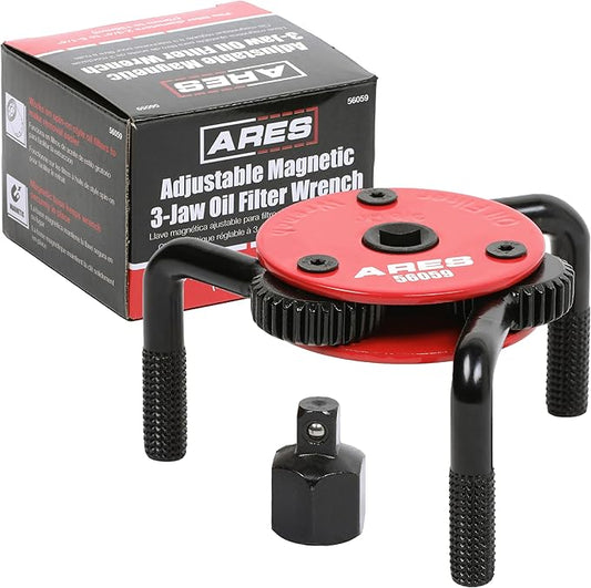 ARES 56059 – Large Size Adjustable Magnetic 3-Jaw Oil Filter Wrench – Fits Spin-On Oil Filters from 2-3/4-Inch to 5-1/4-Inch Diameters – Includes 3/8 Inch to 1/2 Inch Drive Adapter – Magnetic Base