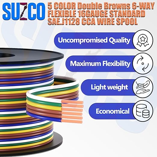 SUZCO 400Ft Enough 16AWG CCA【2-Brown-Wires】 5 Color-Coded 5-Way 6-Wire Bonded Trailer RV Camper Towing Hitch Wiriing Spool, 6-Flat Wishbone SAE J1128 for All Basic Wire Trailers