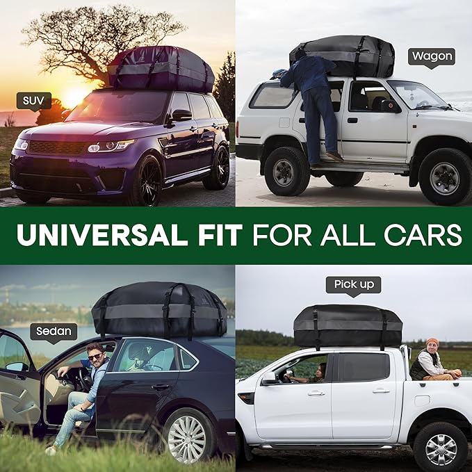 15 Cubic Ft Car Rooftop Soft Shell Cargo Carrier, 100% Waterproof - Car Storage for All Vehicle with/Without Racks - Attached Anti Slip Mat, Storage Bag, 4 Door Hooks & Straps, Lock