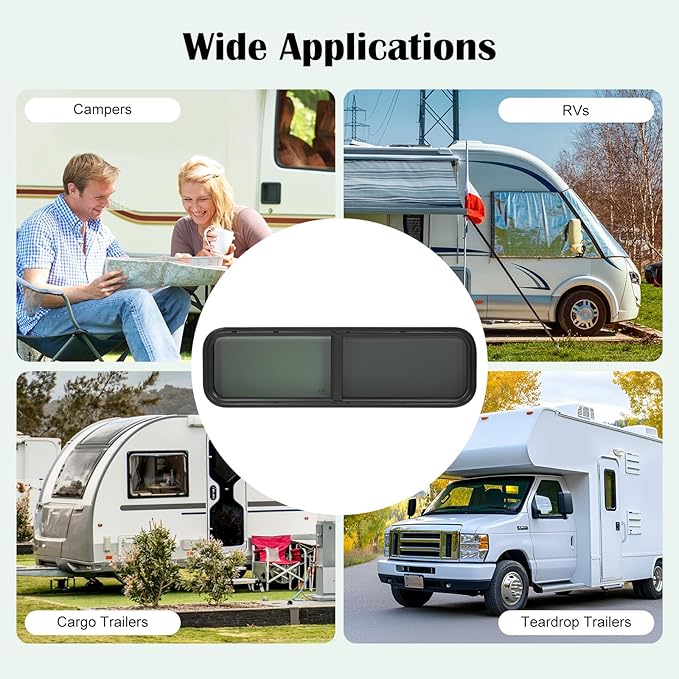 42" W x 12" H RV Window Horizontal Sliding, DOT Certified - Shatterproof Tempered Tinted Glass, with Net Screen and Trim Ring, Teardrop Replacement Trailer Camper Window