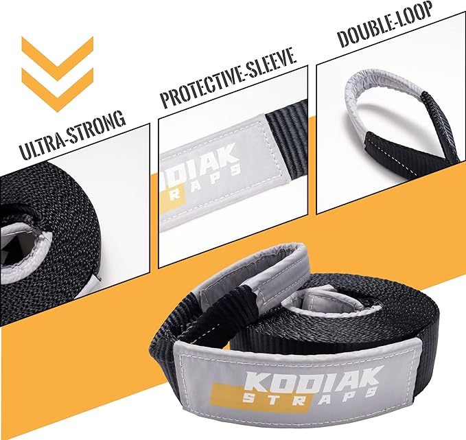 KODIAK STRAPS Tow Strap – 3'' x 20ft Car Tow Straps Heavy Duty with 30000 lbs. Break Strength and Reinforced Loops Emergency Rope Off Road Recovery Equipment Towing Straps Draw String Bag Included