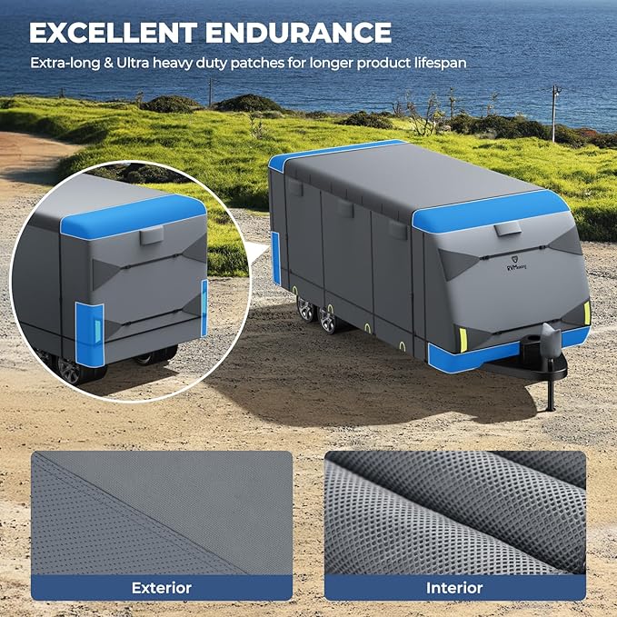 RVMasking Travel Trailer RV Cover 26-28ft, 7 Layers Extra-Thick Camper Cover Waterproof Windproof for Toy Hauler with 4 Tire Covers & Tongue Jack Cover & Propane Tank Cover, Dark Gray