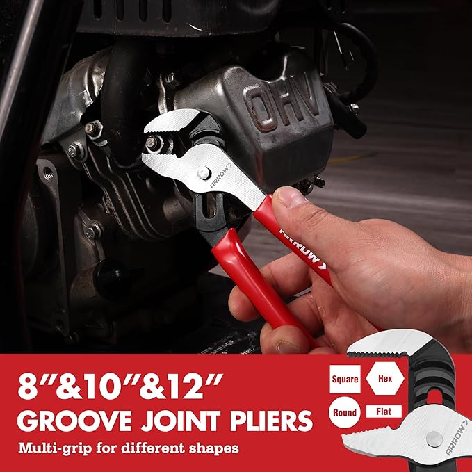 ARROW 8PCS Pliers & Wrench Set, 6" Needle Nose Pliers, 6" Diagonal, 7" Linesman, 8" Slip Joint, 8" & 10" & 12" Groove Joint and CRV 8" Adjustable Wrench, Portable Rolling Bag With Handle