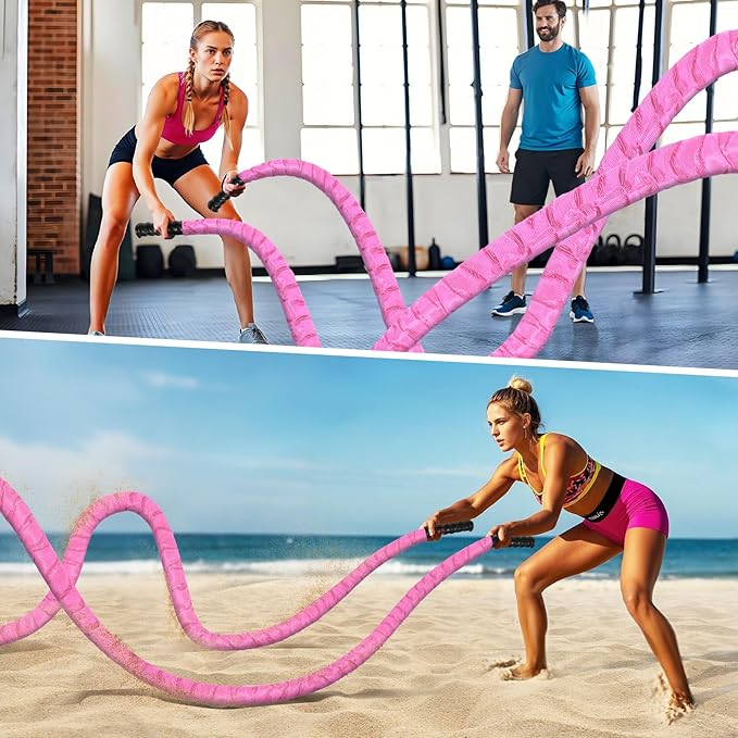 Battle Ropes for Home Gym,1.26inch 30ft Long Pink Battle Ropes with Protective Cover - Workout Equipment Heavy Exercise Ropes for Strength Training for Kids or Adults