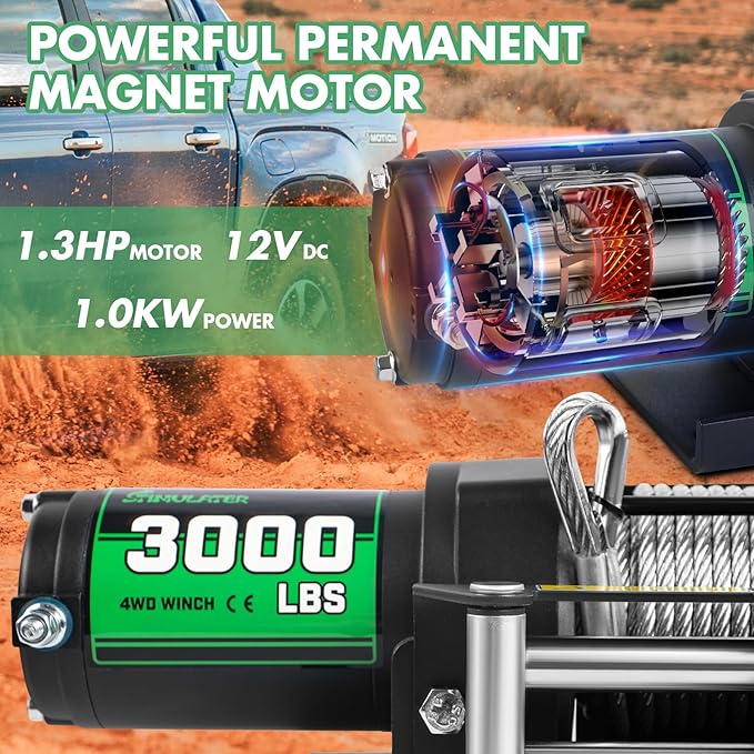 STIMULATER 3000lb ATV Winch,Electric Winch 12V,Steel Cable Winch, with Wireless Remote and Manual Switch, with Hawse Fairlead & Hook,IP67 Waterproof,Suitable for Most Trailers and ATV winchs