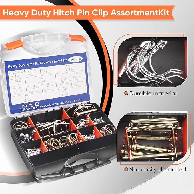 202PCS Hitch Pin, Trailer Pins Clip Pins Assortment Kit for railers Tractors Trucks Towing Mowing Farm Equipment Snow Plows Lawnmowers Garage Heavy Duty Trailers Accessories Tractor Attachments
