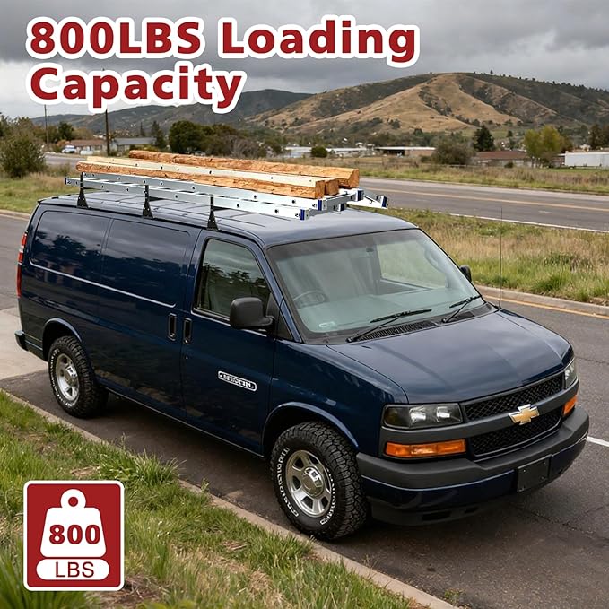 hightall Universal Van Ladder Rack,Adjustable Length 57-70" with Cargo Stoppers,Compatible with Chevy Express 1500 2500 3500 Ford Econoline GMC Savana Fullsize with Rain Gutter