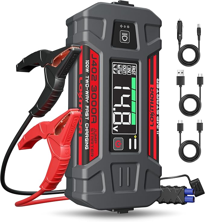 LOKITHOR J402 Jump Starter 3000A 12V 24000Amh Portable Lithium Car Battery Booster Pack for Upto 9.0L Gas and 7.0L Diesel Engines, Jump Box and Jumper Cables, 100W Fast Charging, Smart Digital Screen