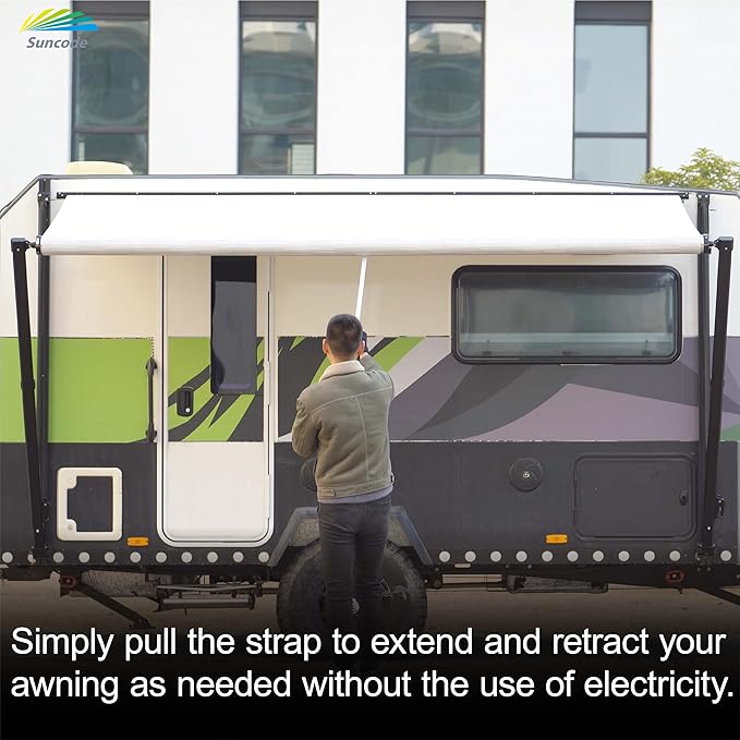 Suncode Manual RV Awning Black Modular Retractable Awning Complete Kit for RV,5th Wheel,Travel Trailers,Toy Haulers,Motorhome RV Trailer Awning for Home or Camper-13x8Ft-Blue Fade