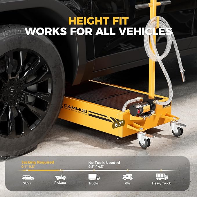 20 Gal Electric Oil Drain Pan, 110V High-Flow Pump, 9.8 FT Hose, 200 W Motor, 2 Locking Swivel Casters and 2 Directional Wheels Stable, Folding Handle, Heavy-Duty for Trucks, RVs, SUVs, Yellow