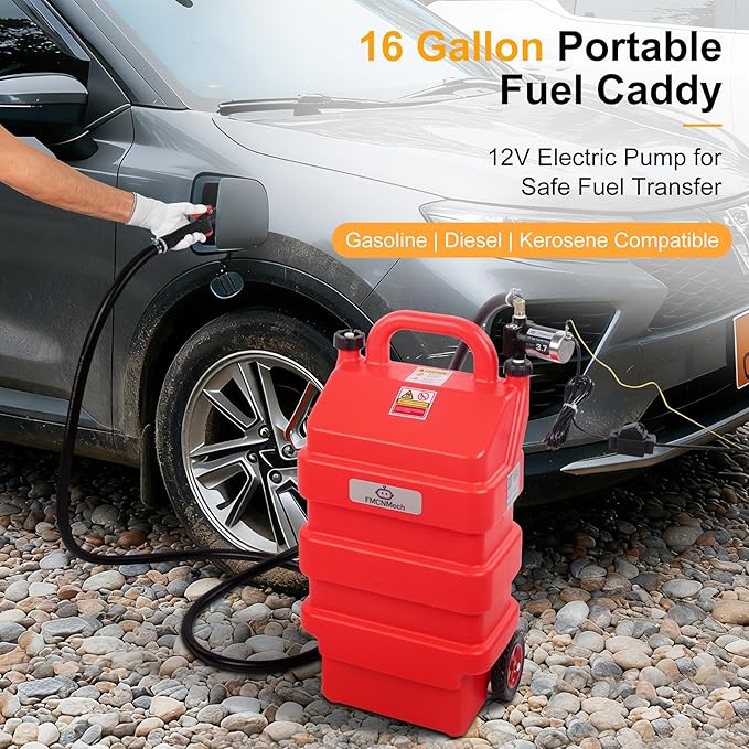 16 Gallon Portable Fuel Caddy with 12V Electric Pump, Forward & Reverse Fuel Transfer Tank for Gasoline, Diesel, and Kerosene, HDPE Fuel Tank with Wheels for Lawn Tractors, Boats, ATVs, and Garage Use