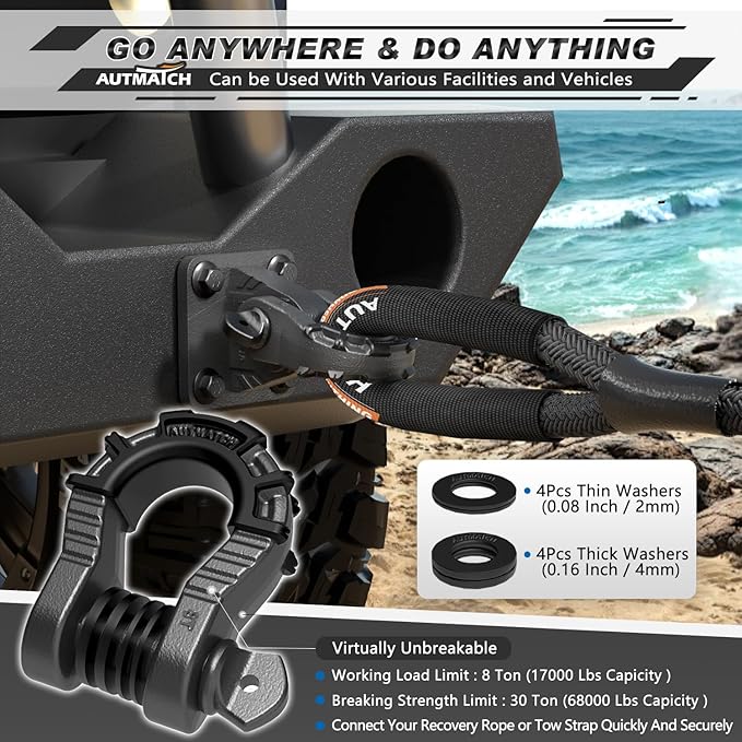 AUTMATCH D Ring Shackles 3/4" Mega Shackle (2 Pack) 68,000Ibs Break Strength - Heavy Duty Clevis Shackles 7/8" Screw Pin & Isolator Washer for Tow Strap Winch Off Road Vehicle Recovery, Gunmetal Gray