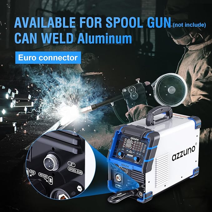 AZZUNO Aluminum 250Amp MIG Welder,6 in 1 Gas MIG/Gasless Flux Core/Stick/Lift TIG/Spot Welding/Spool Gun Compatible Welding Machine 110V/220V Large LED Display Multi Process Welder