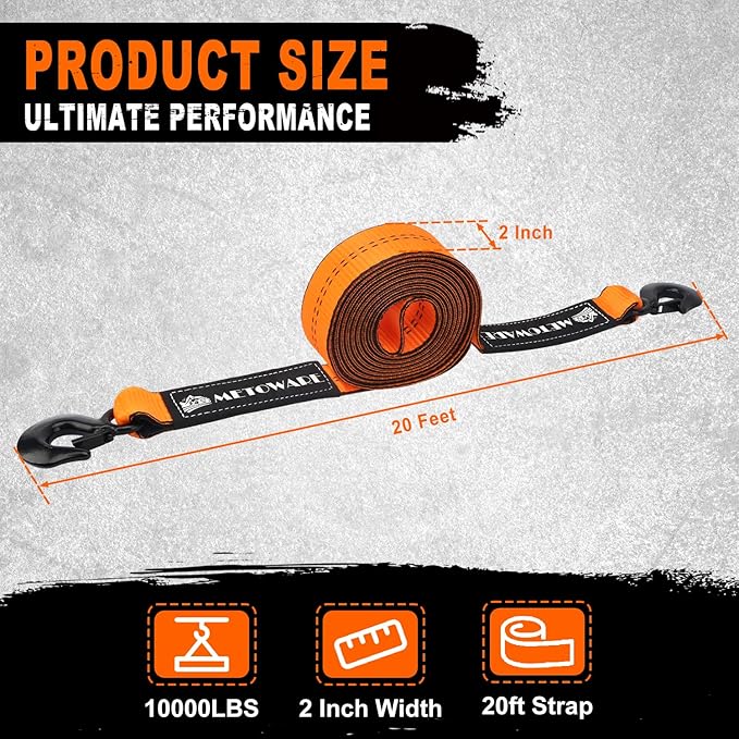 METOWARE Tow Strap with Hooks - 2" x 20ft(10,000lbs) Tree Saver Winch Strap - Emergency Recovery Tow Strap Winch Extension Rope with Forged Steel Hooks - for Truck, SUV, ATV
