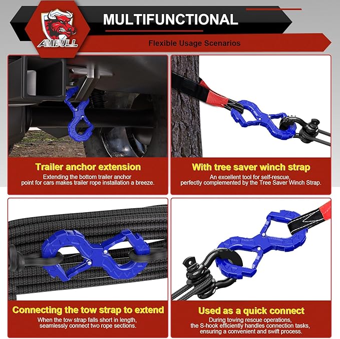 3/8 Tow Hook, Winch Hook for Off-Road Recovery, Towing Shackle 33000 Lbs, G80 Heavy Duty Strength Integrated Winch Quick Shackle, Blue