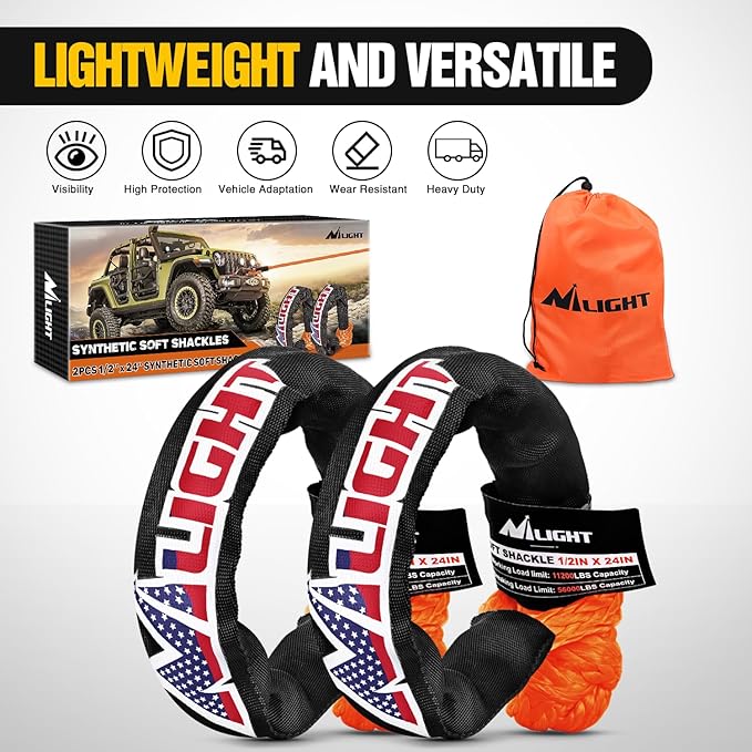 Nilight Synthetic Soft Shackle (56,000 LBS Breaking Strength) 1/2 Inch x 24 Inch 2PCS with Extra Sleeves for Sailing SUV Off Road Towing UTV ATV Trucks 4x4, 2 Years Warranty