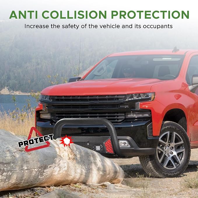 Bull Bar Fit for Chevy Silverado 1500/GMC Sierra 1500 2019-2025 with LED Light & w/License Plate Bracket DIY Paintable Truck Front Bumper Brush Push Bar Front Grille Guard Protector