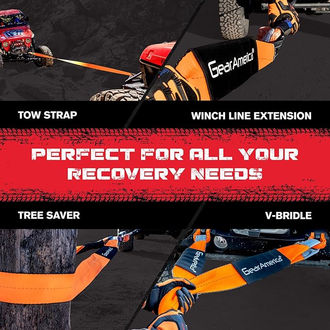 GearAmerica Off Road Recovery Kit, 25 Ton, Includes Tow Strap, Tree Saver, Mega Snatch Block Pulley, D-Ring Shackles, Winch Line Dampener Bag, Gloves - Off Road Recovery Gear, 4x4, Black