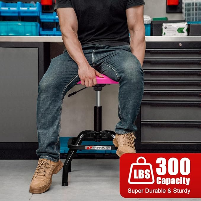 Shop Stool with Backrest, Mechanic Garage Stool for Workshop, Adjustable Shop Stools Chair, Padded Workbench Stools for Men Women, 300 LBS Capacity, 360° Swivel PVC Seat, Heavy Duty, Pink