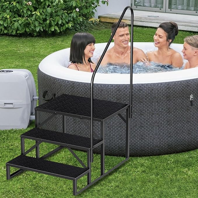 3 Step RV Steps with Handrail, Upgrade RV Stairs with Platform, 661lbs Anti-Slip Hot Tub Steps Spa Steps Step Ladder Outdoor Steps for Camper/Spa/Porch/Pet/Mobile Home(2 handrails)