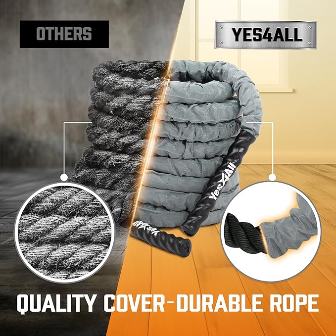 Yes4All Battle Ropes, Workout Rope with Cover, Steel Anchor & Strap Included, Heavy Ropes for Exercise Training - 1.5/2 Inch Diameter, 30, 40, 50 Ft Length