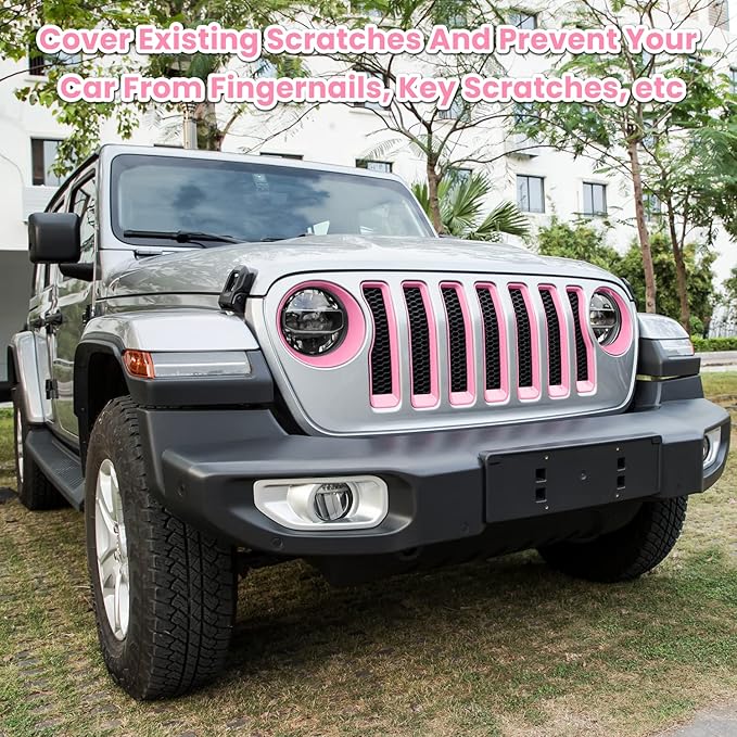 Front Grille Mesh Inserts & Headlight Cover for Jeep Wrangler JL JLU Sport & Sport S Only 2018-2023 Exterior Accessories Clip-in Grille Guard Cover Headlight Bezels Trim Ring (Pink 9PCS)