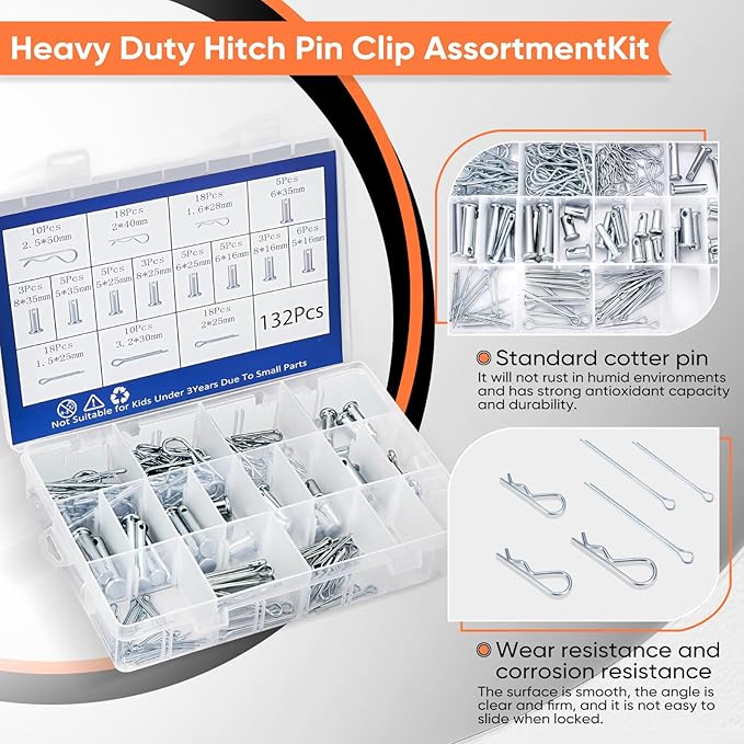 132Pcs Hitch Pin,15 Sizes Hardware Cotter Pins Clip Assortment Kit - 304 Stainless Steel R Hairpin Cotter Fastener Clip Suitable for Truck and Engine Maintenance, Hanging Needle Lock System