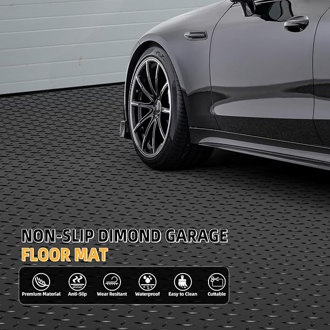 8.2 x 23 FT Garage Floor Mat, 2.8mm Thickened Diamond Plate PVC Garage Flooring Roll for Under Car, Heavy Duty Garage Floor Protector 188.6 SQFT for Garage, Basement, Golf Cart. Black