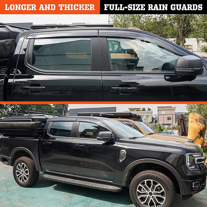 Outside-Mount Rain Guards Window Visors for 2019-2025 Ford Ranger SuperCrew Wind Vent Deflector Full-Size Truck Accessories Dark Smoke 4-Piece Set with Thicker