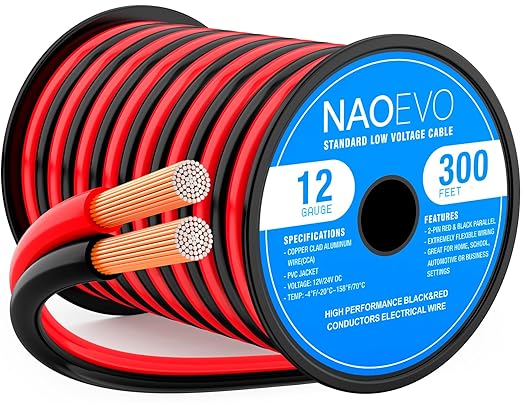 NAOEVO 12 Gauge Wire 300FT, 2 Conductors Electrical Wire Red Black Cable, Flexible/Low Voltage/PVC 12 AWG Copper Clad Aluminum Extension Cord for Speaker, LED Strips, Automotive 12V/24V DC