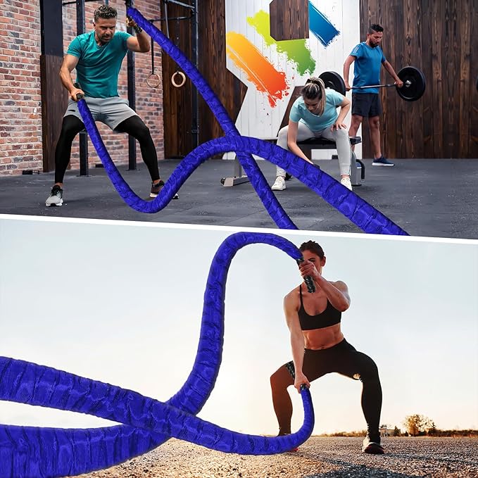 Battle Ropes for Home Gym 1.5Inch Diameter 30FT Lengths Workout Heavy Battle Ropes for Exercise Training Weighted Ropes, Working Out Exercise Equipment with Protective Cove - Blue