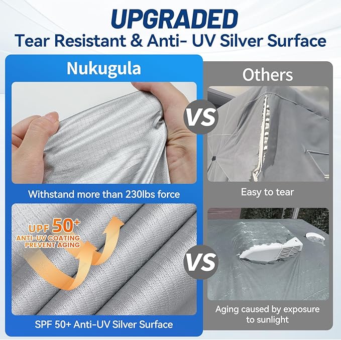 Oxford Fabric Pop Up Folding Camper Cover 14'-16' Super Waterproof Tear-Resistant Anti-UV Tent Trailer Cover for Winter Snow with Reinforced Corners, 5+2 Windproof Straps, Storage Bag