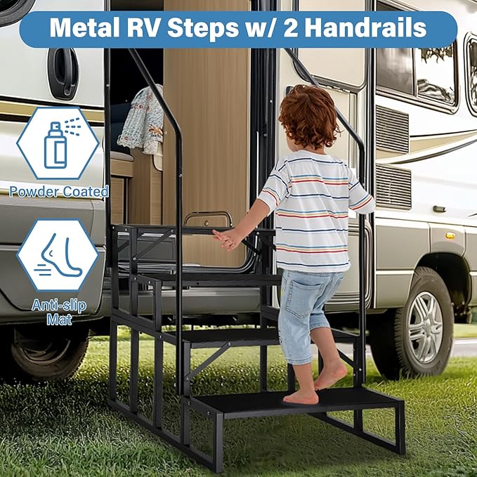 RV Steps with Dual Handrails, 4 Step Spa Hot Tub Steps with Anti-Slip Pedals, 400lbs Load Capacity, Universal Portable Mobile Home Stairs Steps for 5th Wheel RV, Spa, Porch, Pool, Travel Trailers