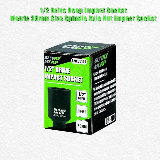 SUNHZMCKP 36mm Socket | 1/2” Drive Deep Impact Socket | 6 Point |CR-MO | Spindle & Axle Nut Impact Grade Socket for Easy Removal (METRIC 36 mm)