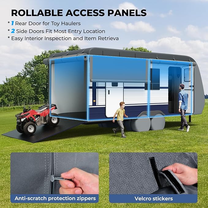 RVMasking Travel Trailer RV Cover 20-22ft, 7 Layers Extra-Thick Camper Cover Waterproof Windproof for Toy Hauler with 4 Tire Covers & Tongue Jack Cover & Propane Tank Cover, Dark Gray