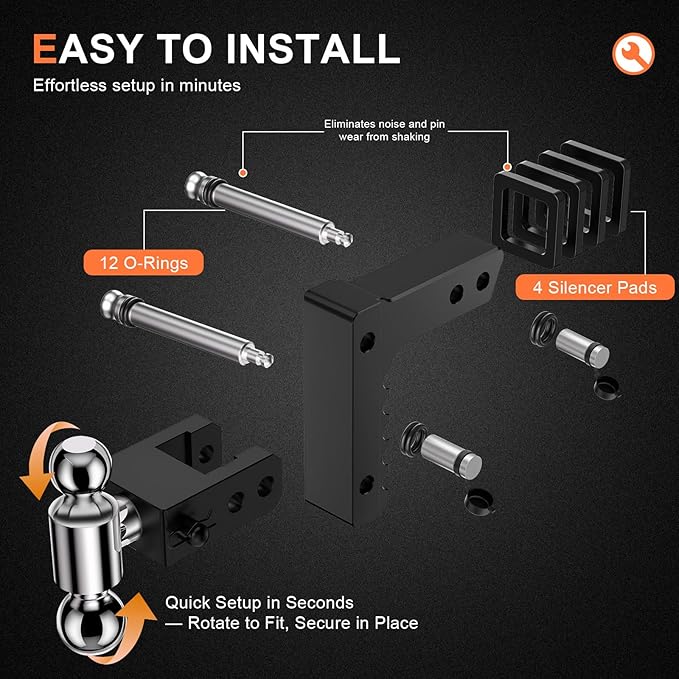 Adjustable Trailer Hitch, Fits 2-Inch Receiver, 6-Inch Drop/Rise for Trucks (12500 LBS GTW), Heavy Duty Aluminum Tow Hitches with 4 Silencer Pads & 2 Locking Hitch Pin, Black