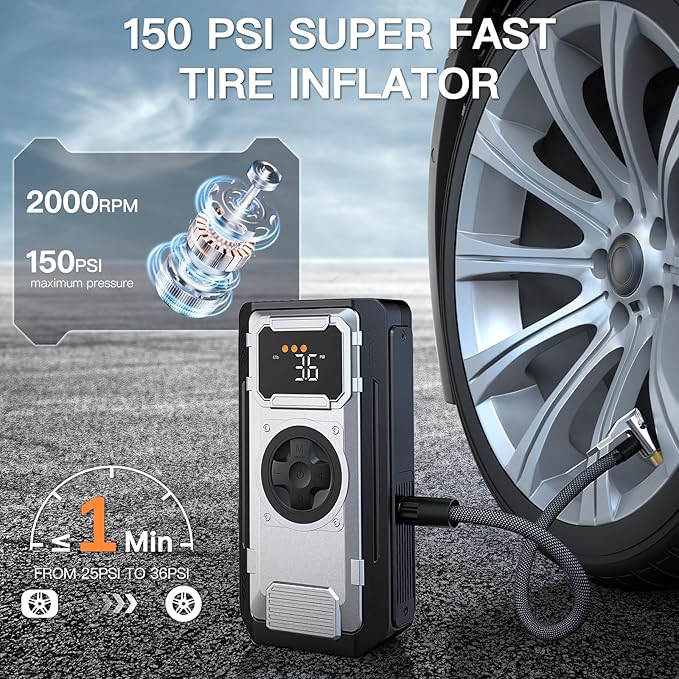 Portable Car Jump Starter with Air Compressor,5000A 150PSI Car Battery Jump Starter (10.0L Gas/8.0L Diesel Engines),12V Pack Jump Box with Large Digital Display