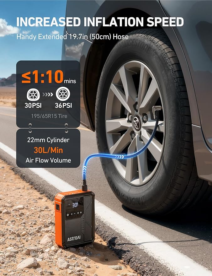 AstroAI Beta822 3000A Jump Starter with Air Compressor, 150PSI Portable Tire Inflator with Auto-Shutoff, 12V Car Battery Booster (9.0 Gas/7.0L Diesel) with LED Light and Jumper Cables