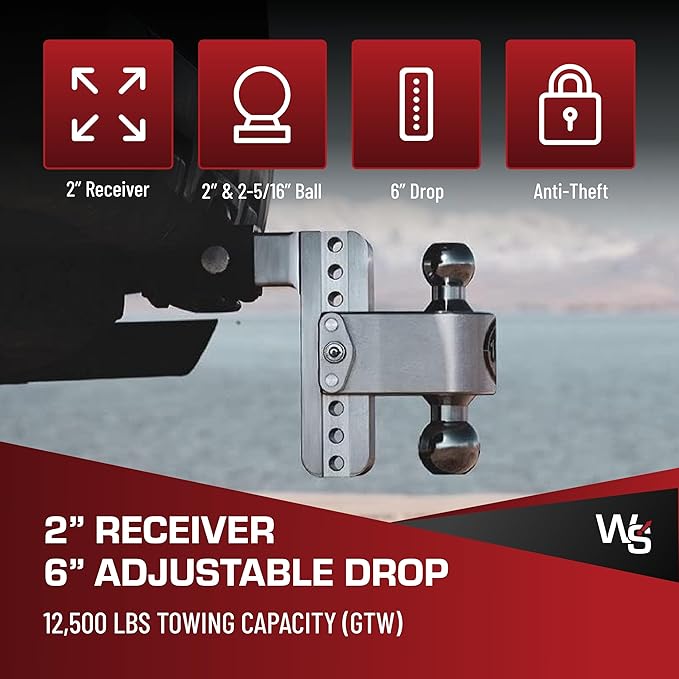 Weigh Safe Adjustable Trailer Hitch Ball Mount, 6" Adjustable Drop Hitch for 2" Receiver w/ 2 pc Keyed Alike Lock Set, Heavy Duty Aluminum Trailer Tow Hitch w/ Chrome Plated Tow Balls, 12,500 lbs GTW