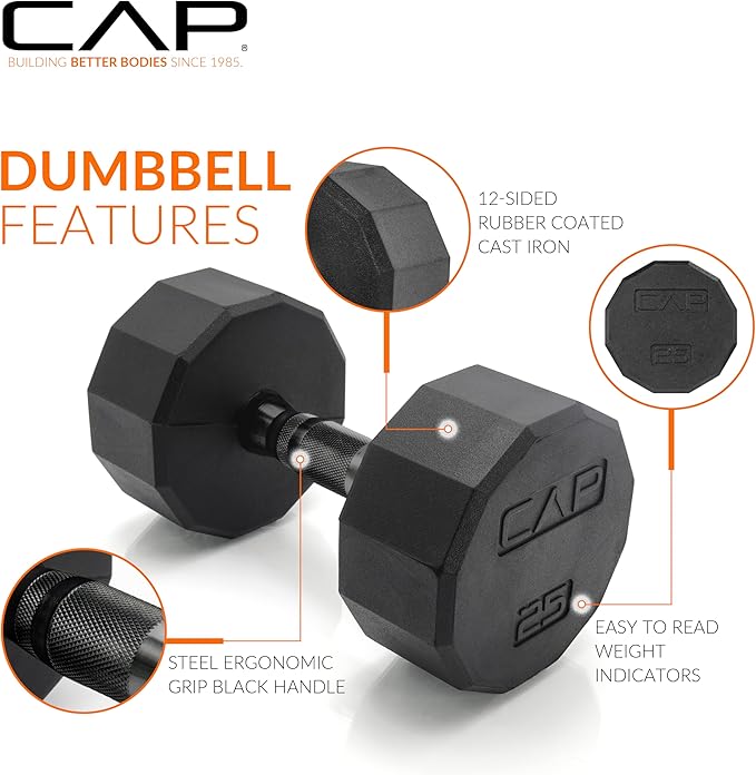 CAP Barbell Rubber Coated Dumbbell Weight Set with Vertical Rack | 100 lb, 150 lb, and 210 lb Options