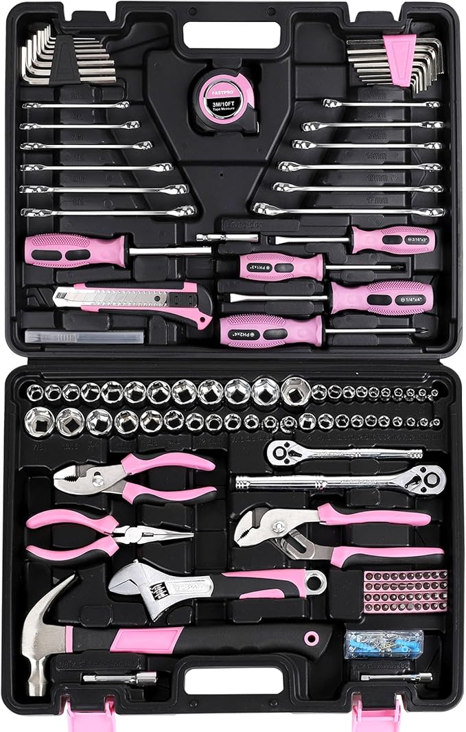 FASTPRO 225-Piece Pink Tool Set, SAE & Metric Mechanics Hand Tool Set with Toolbox, Home/Auto Repairing Tool Kit for DIY, Home Maintenance and Car Repairing