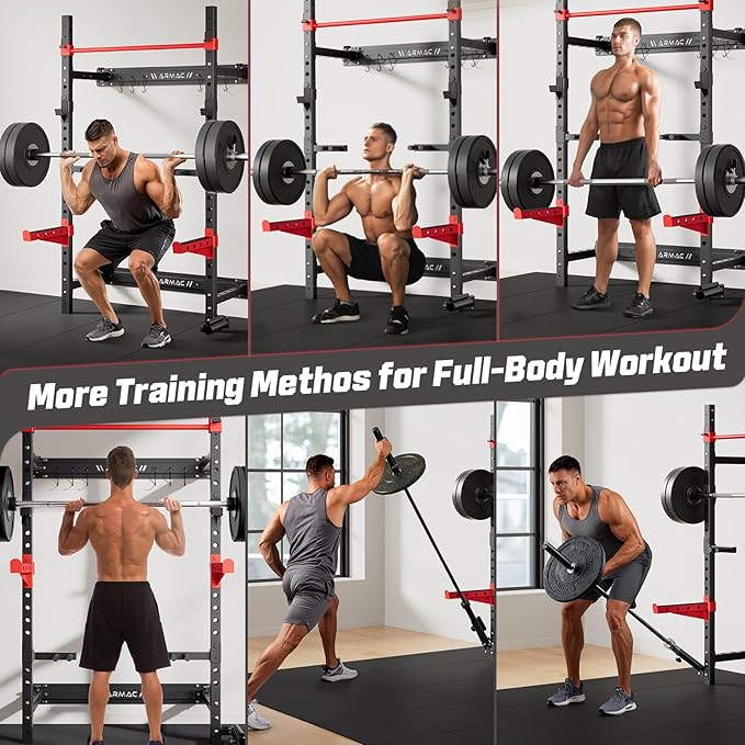 Folding Power Rack, Wall Mounted Squat Rack with Pull Up Bar, 980 Pounds Capacity, with J-Cups, Spotter Arms, Dip Bars, Landmine for Full Body Workout
