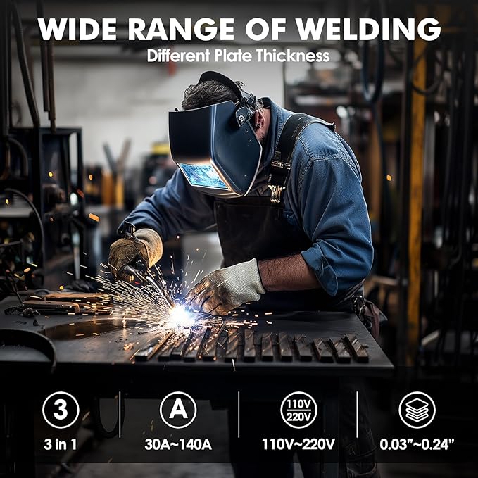 140A Gasless MIG Welder, 110V/220V Dual Votage Welding Machine, Flux Cored MIG/Lift TIG/Stick ARC 3 in 1 MIGVAN Welders Synergic Control with One-Click Wire Feeding, IGBT DC Inverter with LED Display