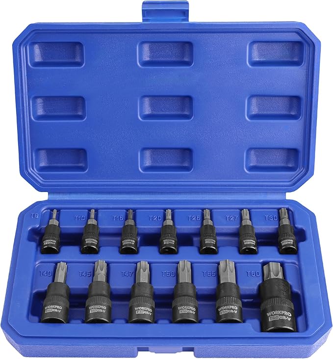 WORKPRO Torx Bit Socket Set, 1/4", 3/8" and 1/2" Drive Torx Bits 13-Piece Socket Set T8-T60, Premium S2 Steel Bits and CR-V Sockets with Storage Case
