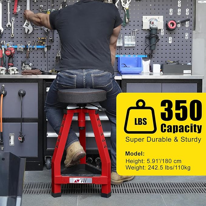 Adjustable Tall Shop Stool, Mechanic Garage Bar Stool Chair, Work Metal Chair for Workshop,360° Swivel Padded Seat, Tool Tray Storage, 350 LBS Capacity, Heavy Duty, Red